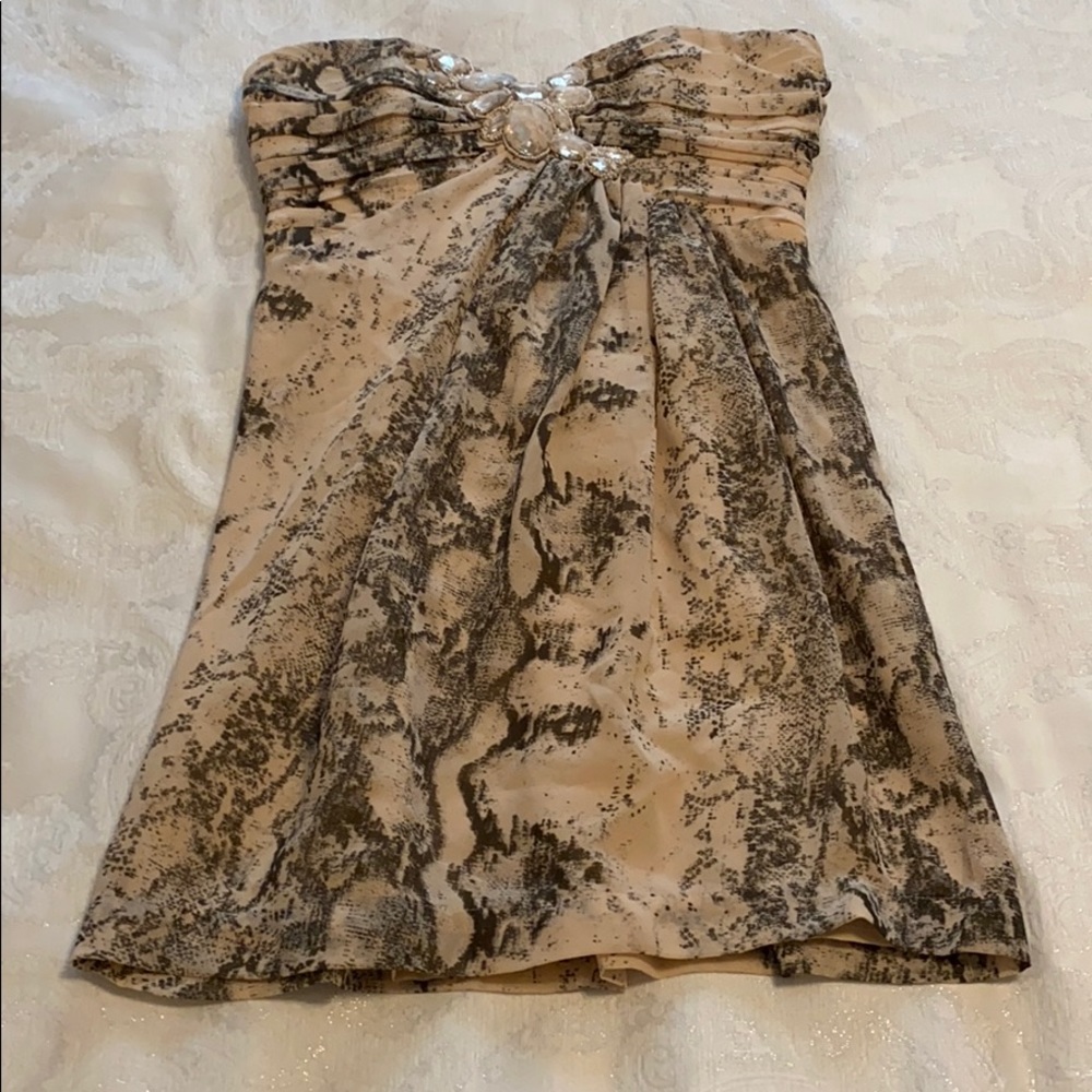 Snake print beaded mini strapless dress